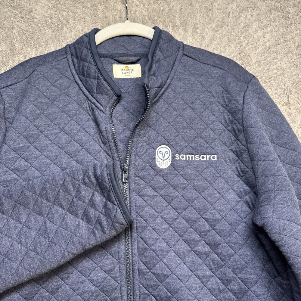 Marine Layer Mens Quilted Bomber Jacket Navy Blue Diamond Stitch Full Zip Medium